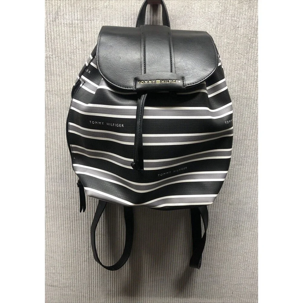 Tommy Hilfiger Drawstring Backpack Black White Gray Adjustable Straps
